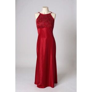 Vintage Morgan & Co. Red Satin Halterneck Gown With Glitter Appliqué Open Back S